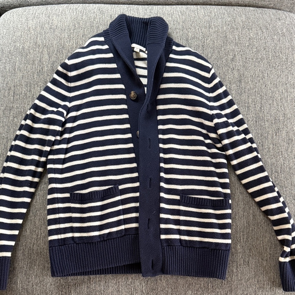 GAP Navy and White Striped Shawl Collar Cardigan
